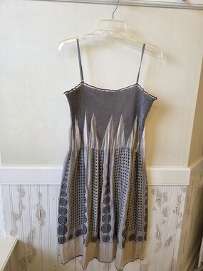 Max Studio Gray and Cream Smocked Spaghetti Strap Dress